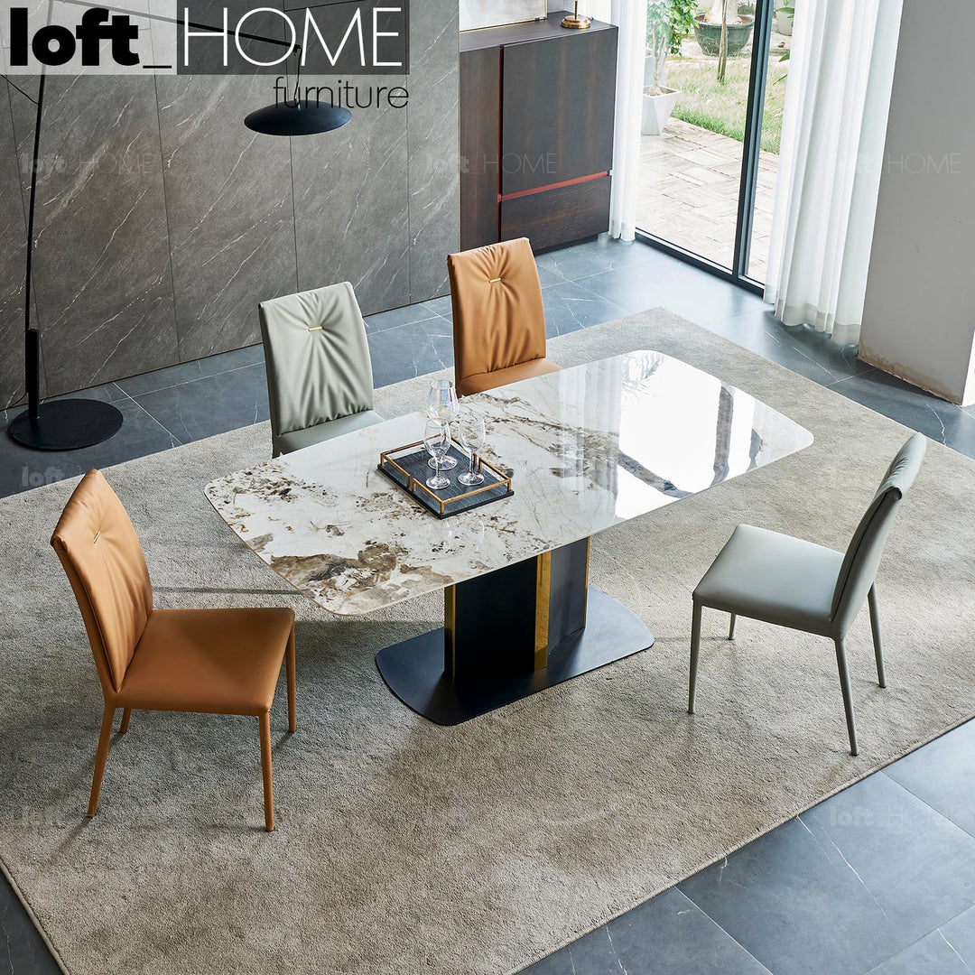 Modern sintered stone dining table cameo with context.