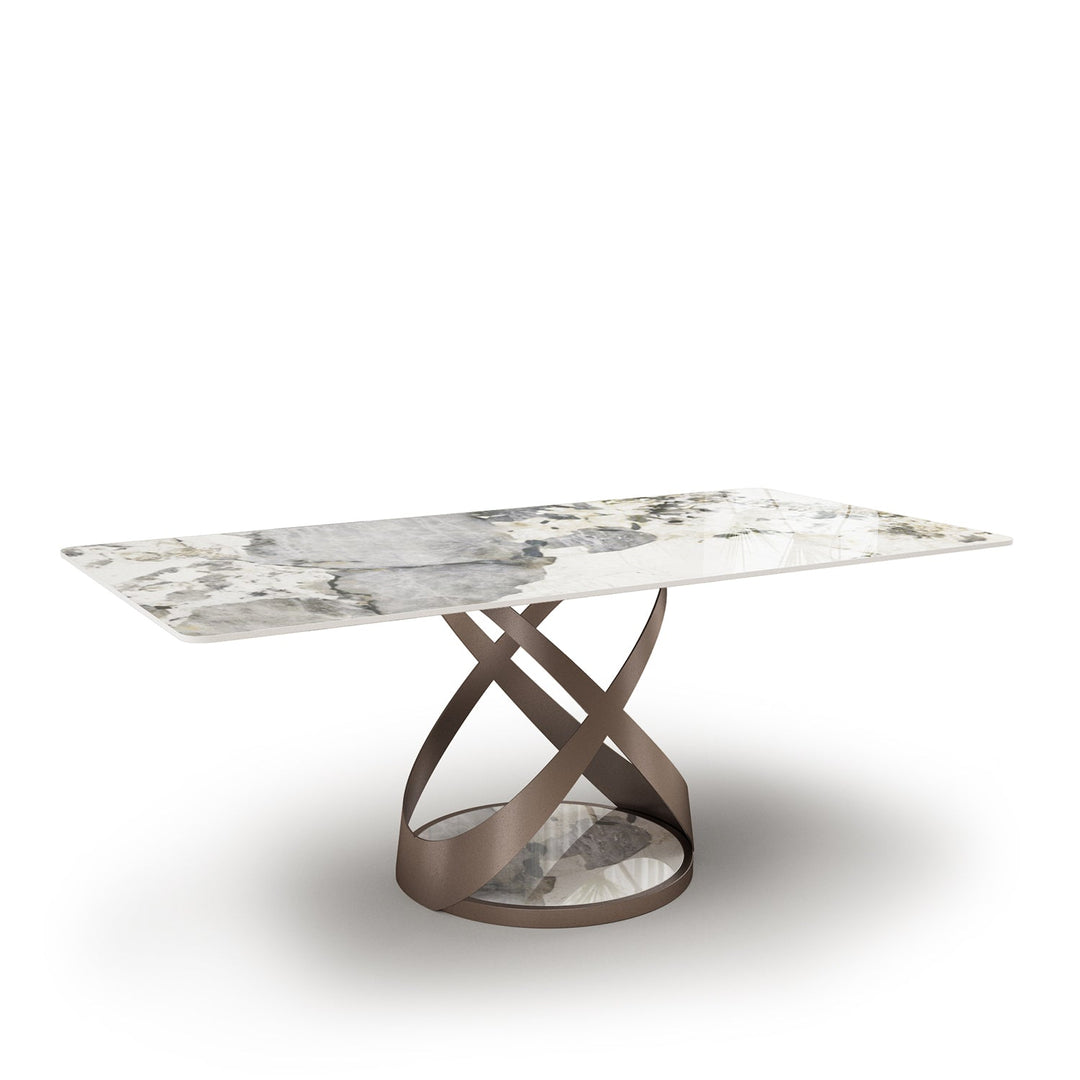 Modern sintered stone dining table capri dull gold layered structure.