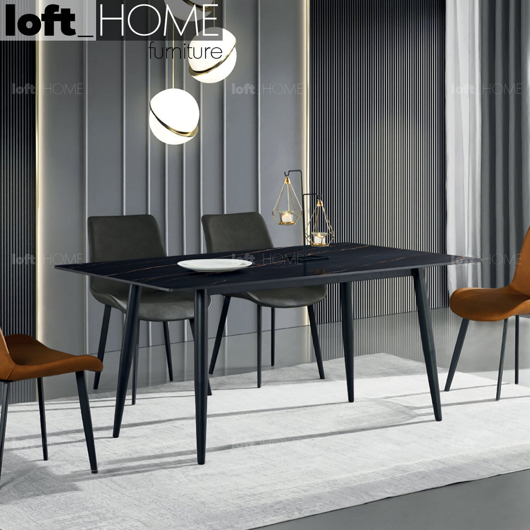 Modern sintered stone dining table celeste with context.
