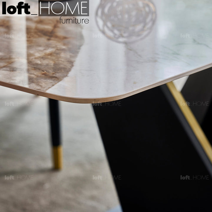 Modern sintered stone dining table edwin in close up details.