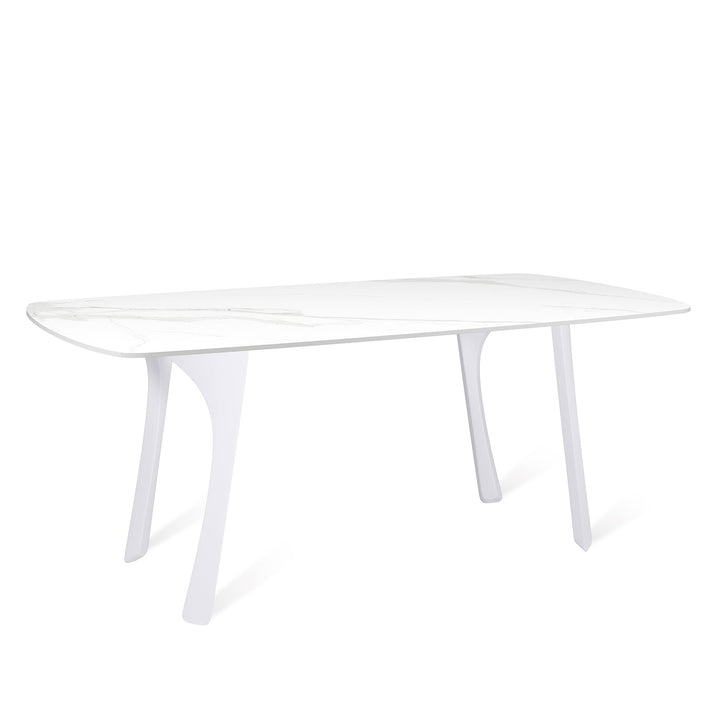 Modern sintered stone dining table fly white in panoramic view.