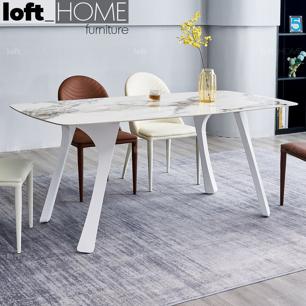 Modern sintered stone dining table fly white primary product view.