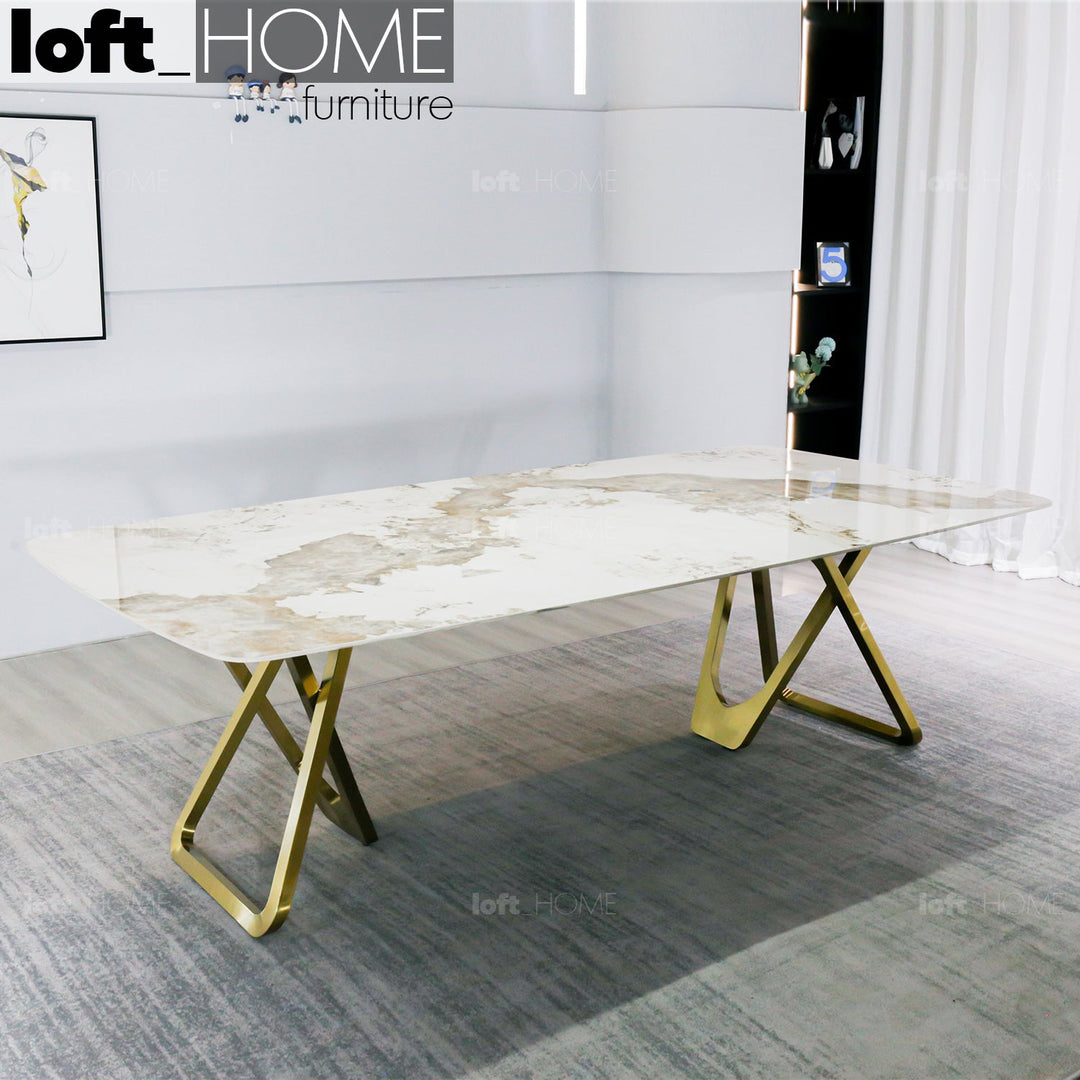 Modern sintered stone dining table groot in panoramic view.
