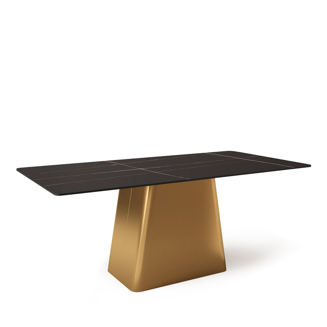 Modern sintered stone dining table haku gold in still life.