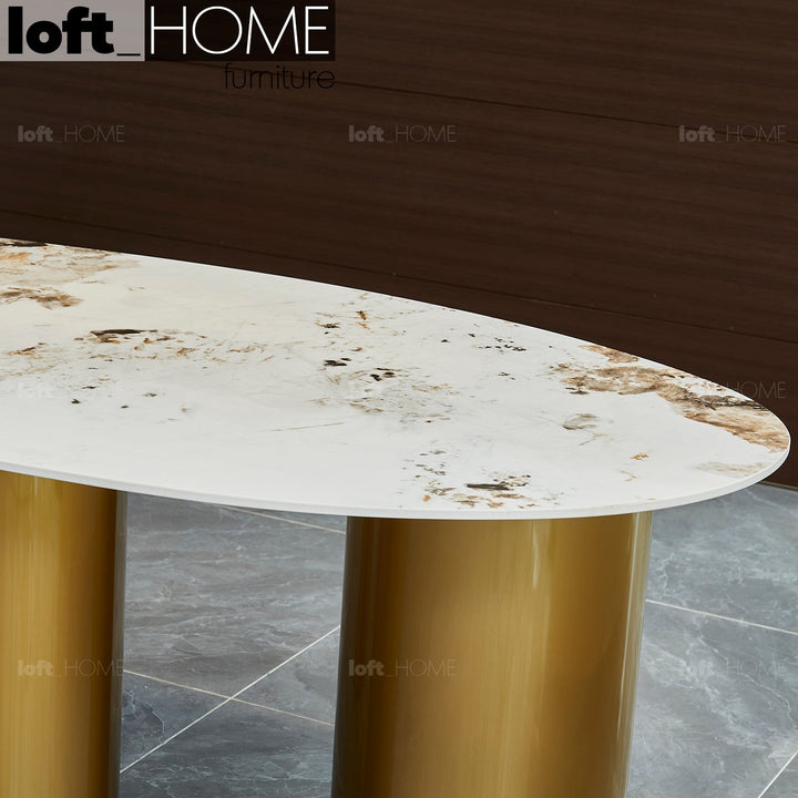 Modern sintered stone dining table lagos gold in close up details.