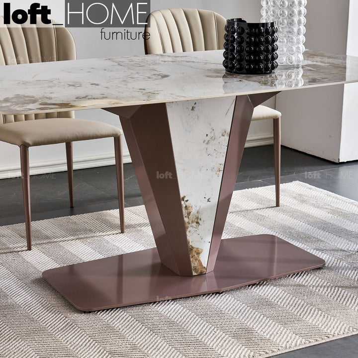 Modern sintered stone dining table liberality in close up details.