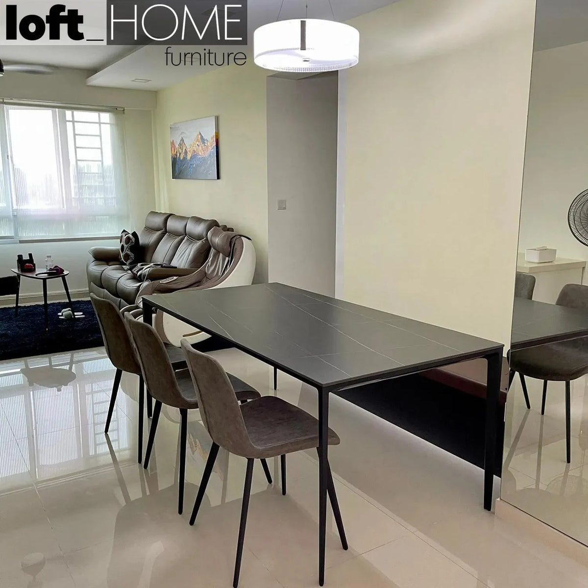 Minimalist sintered stone dining table long island black in panoramic view.