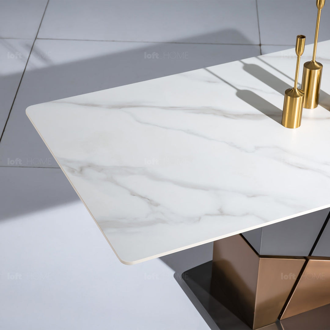 Modern sintered stone dining table sculptural in details.