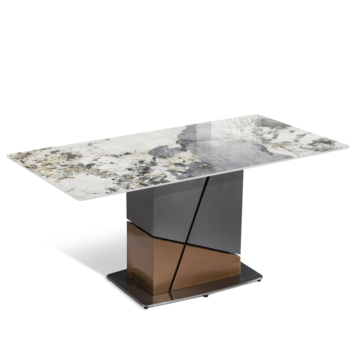 Modern sintered stone dining table sculptural layered structure.