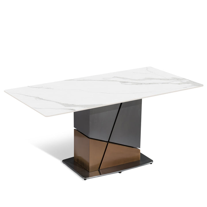 Modern sintered stone dining table sculptural in panoramic view.