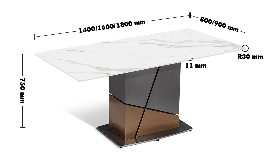 Modern sintered stone dining table sculptural size charts.