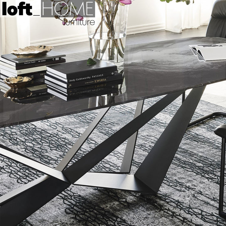Modern sintered stone dining table skorpio black pro in close up details.