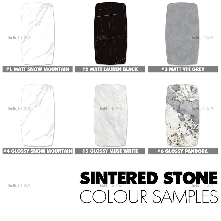 Modern sintered stone dining table spiral color swatches.
