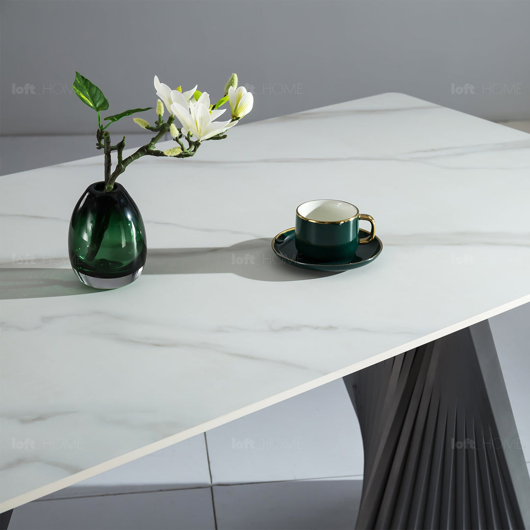 Modern sintered stone dining table spiral in details.