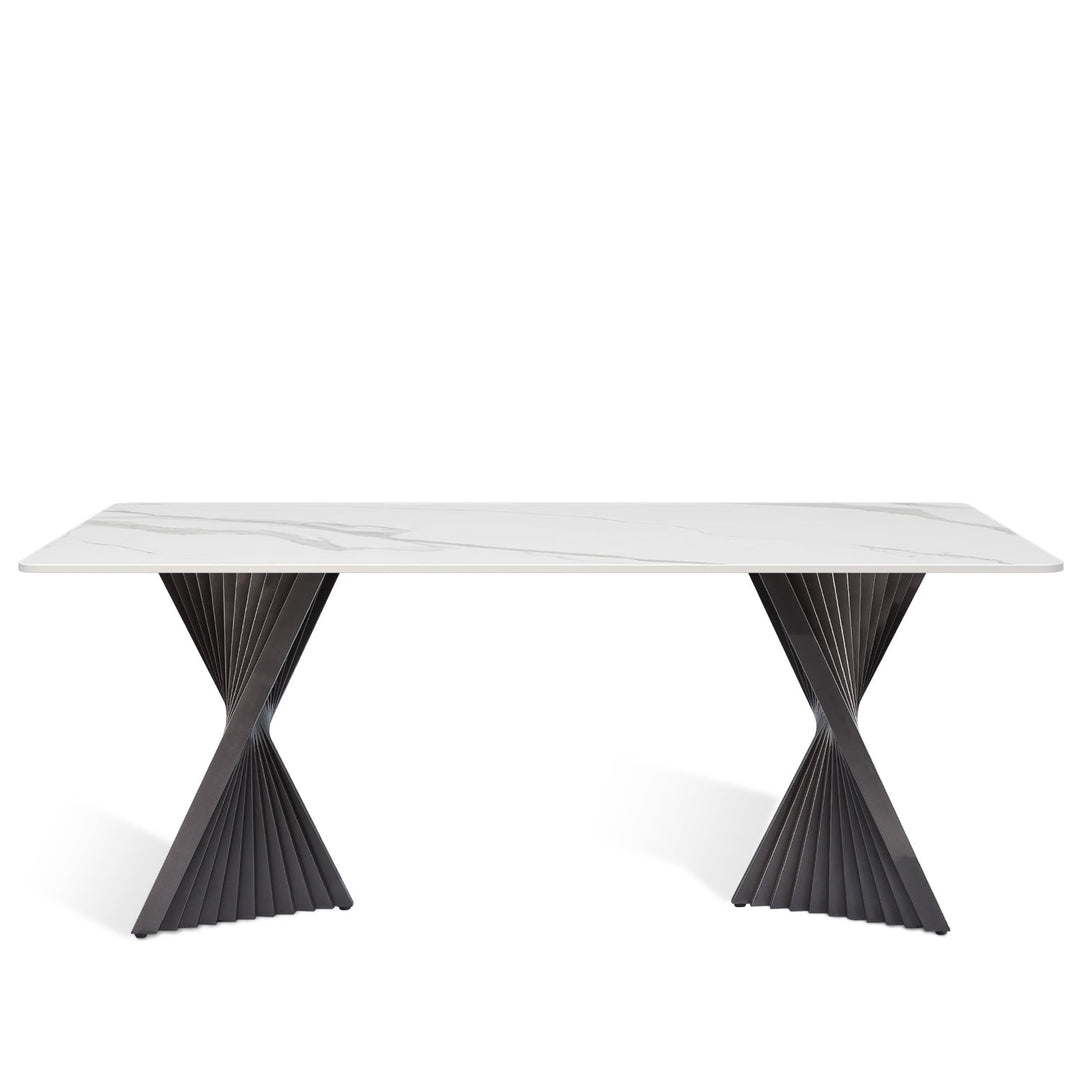 Modern sintered stone dining table spiral in white background.