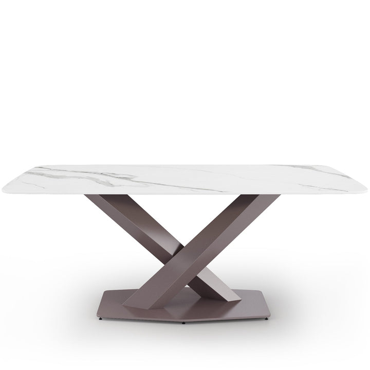 Modern sintered stone dining table stratos dull gold in white background.