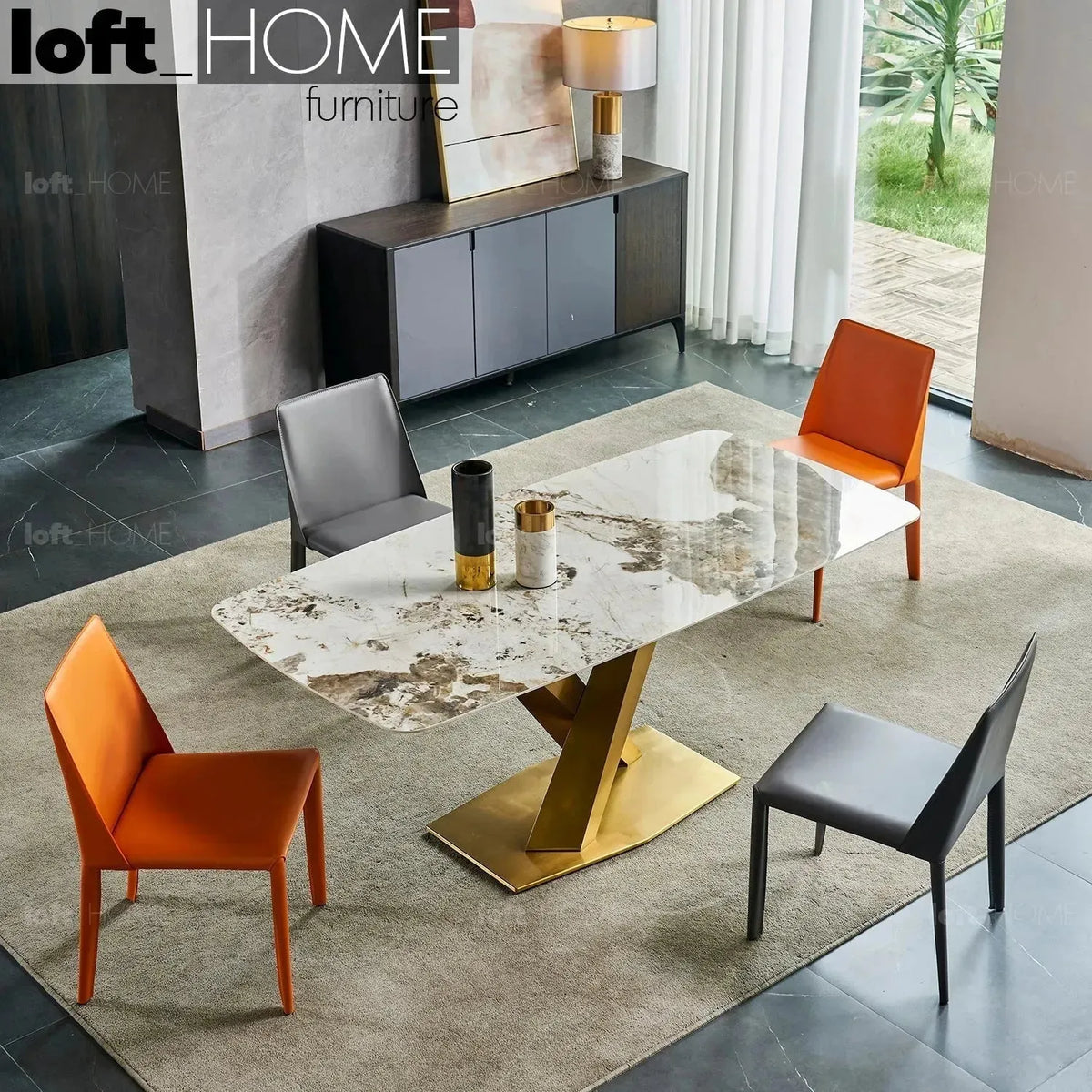 Modern sintered stone dining table stratos gold with context.