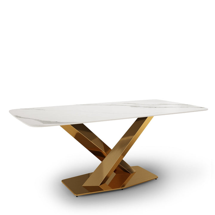 Modern sintered stone dining table stratos gold in panoramic view.