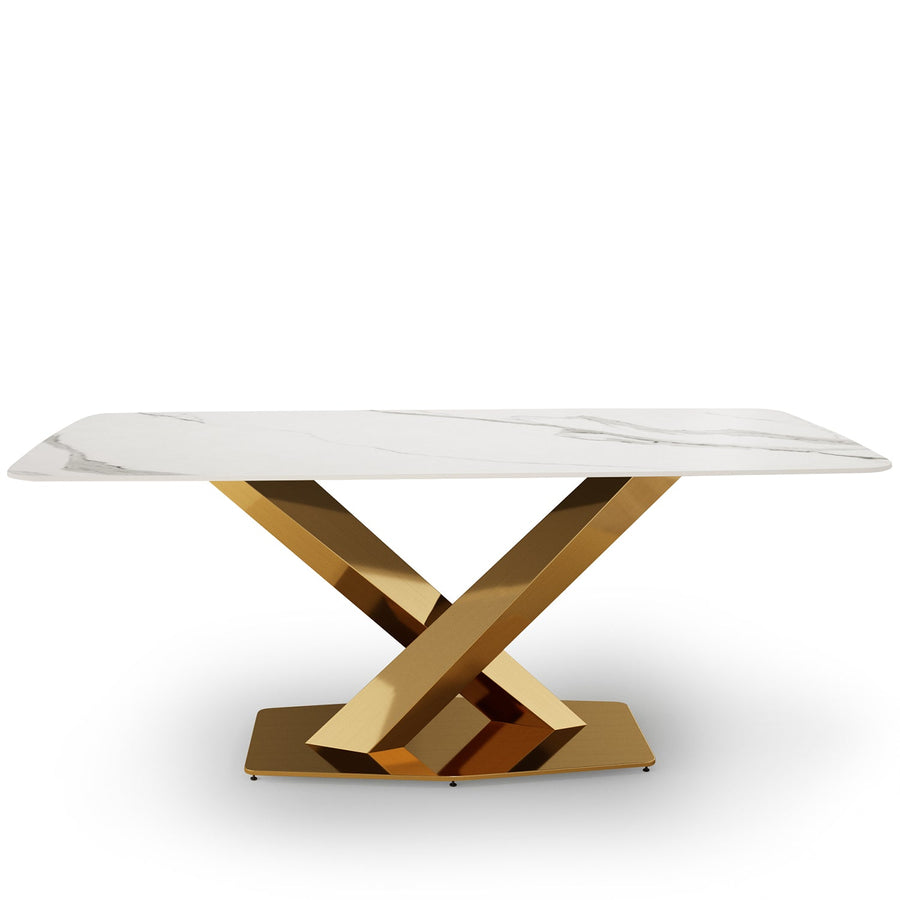 Modern sintered stone dining table stratos gold in white background.