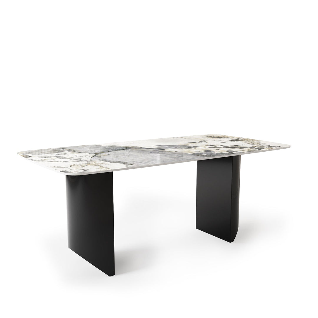 Modern sintered stone dining table wedge black layered structure.