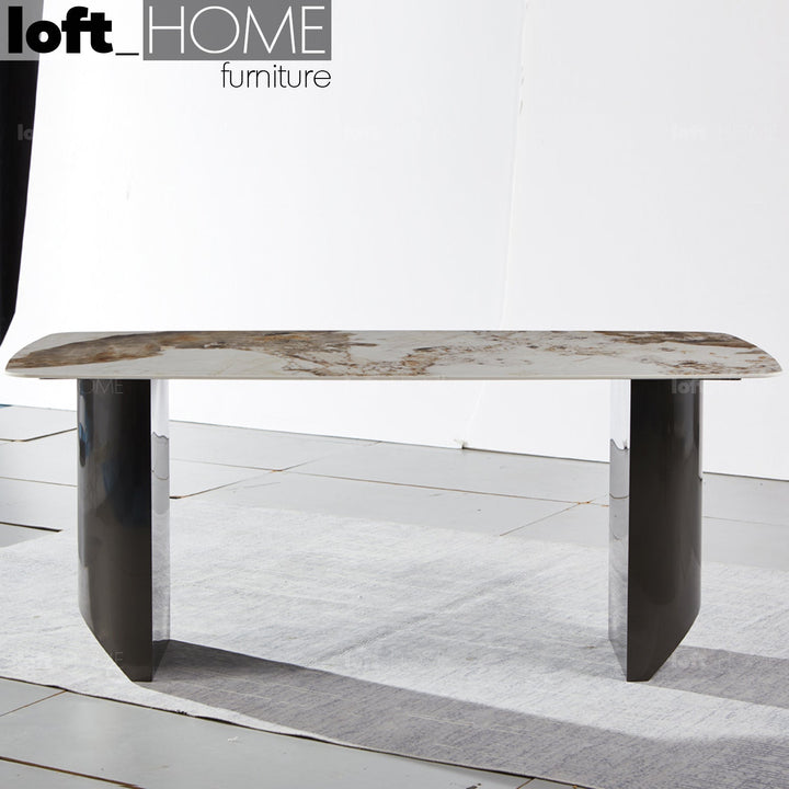 Modern sintered stone dining table wedge black in real life style.