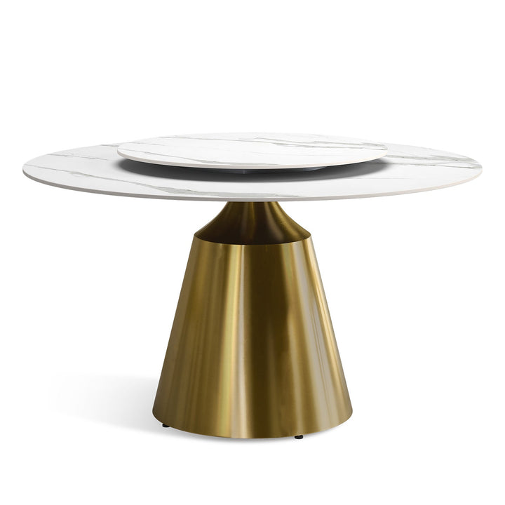 Modern sintered stone round dining table aria in close up details.