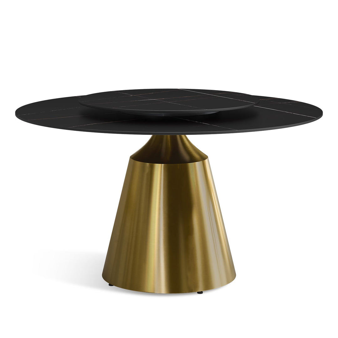 Modern sintered stone round dining table aria in panoramic view.