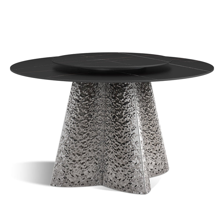 Modern sintered stone round dining table julia in panoramic view.