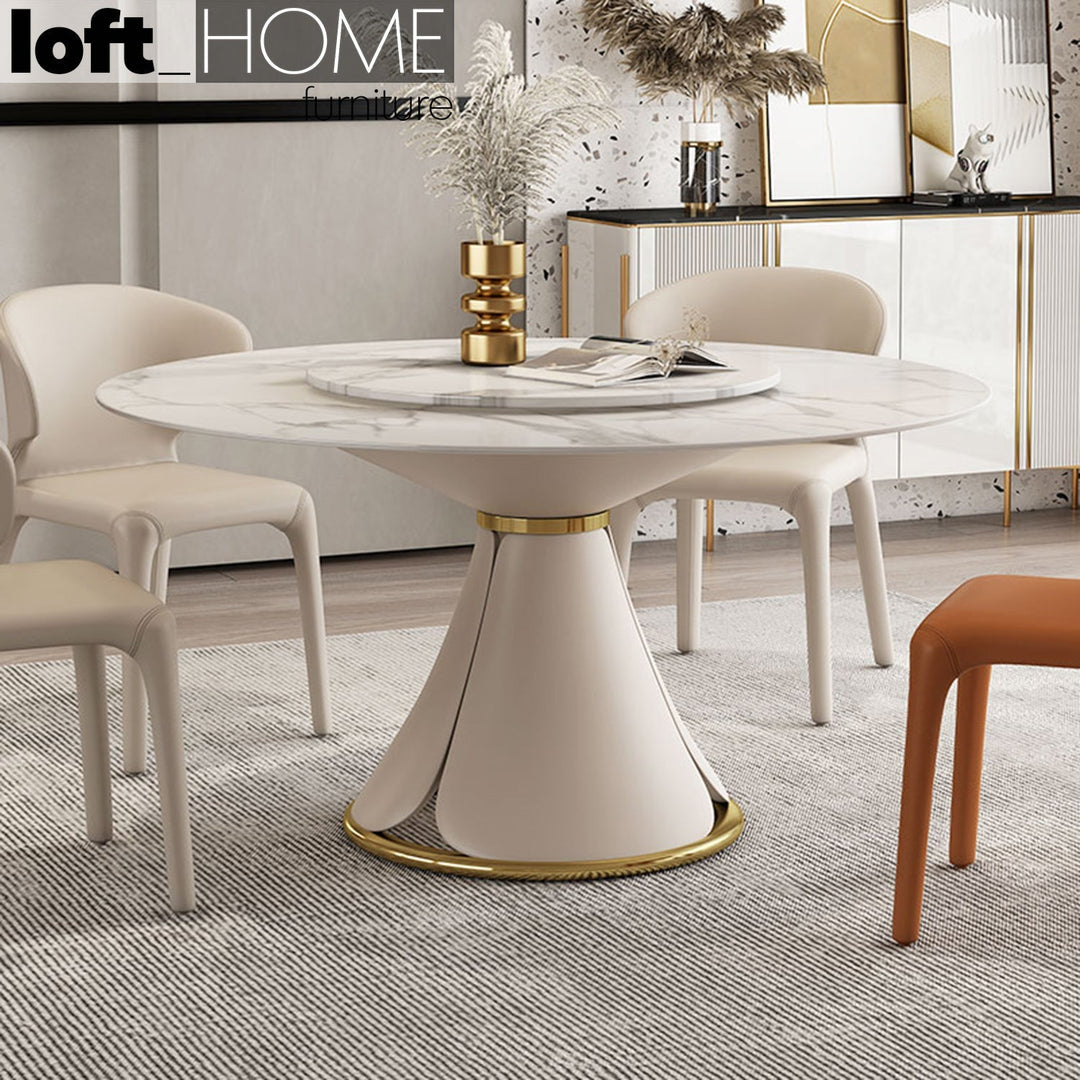 Modern sintered stone round dining table petal color swatches.