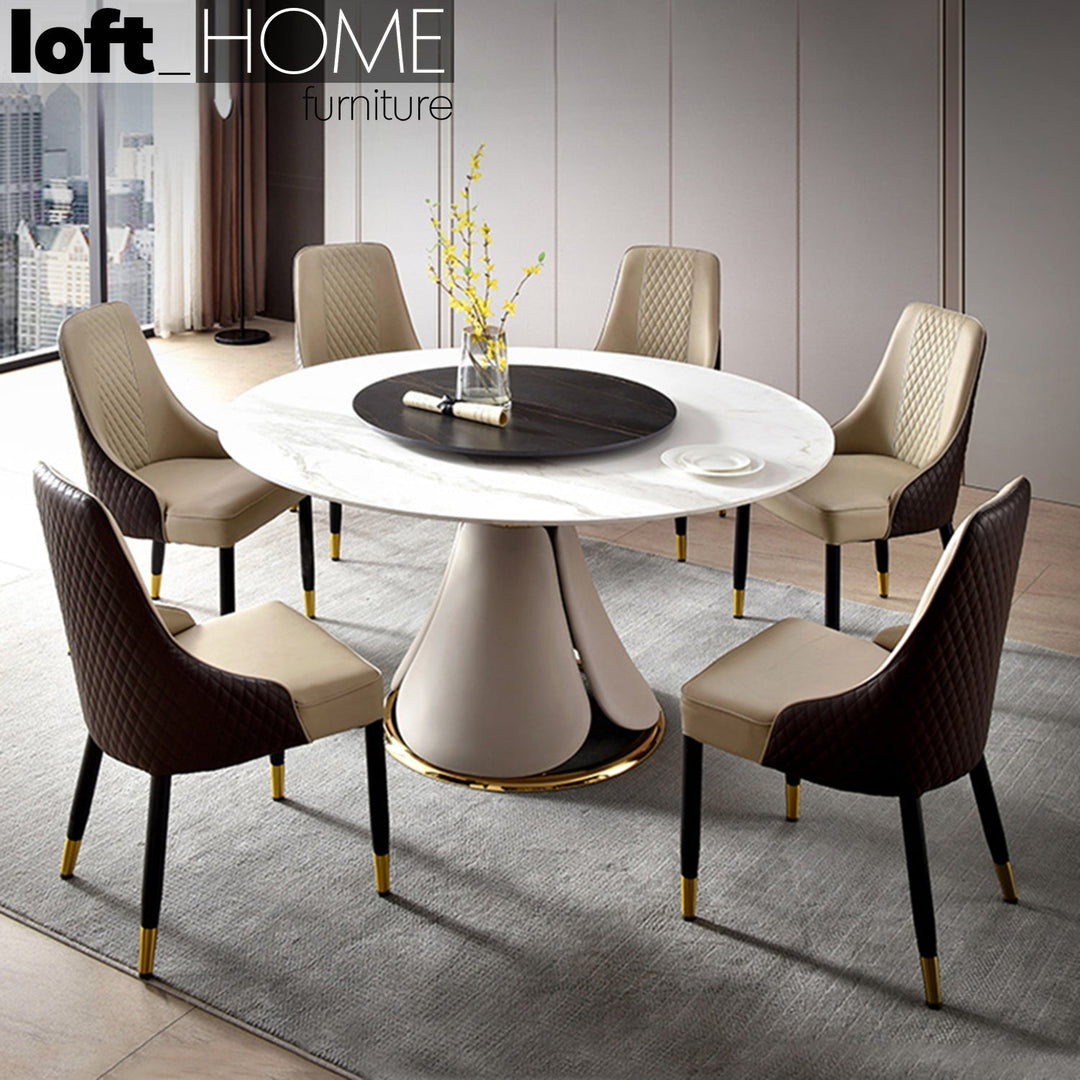 Modern sintered stone round dining table petal in real life style.