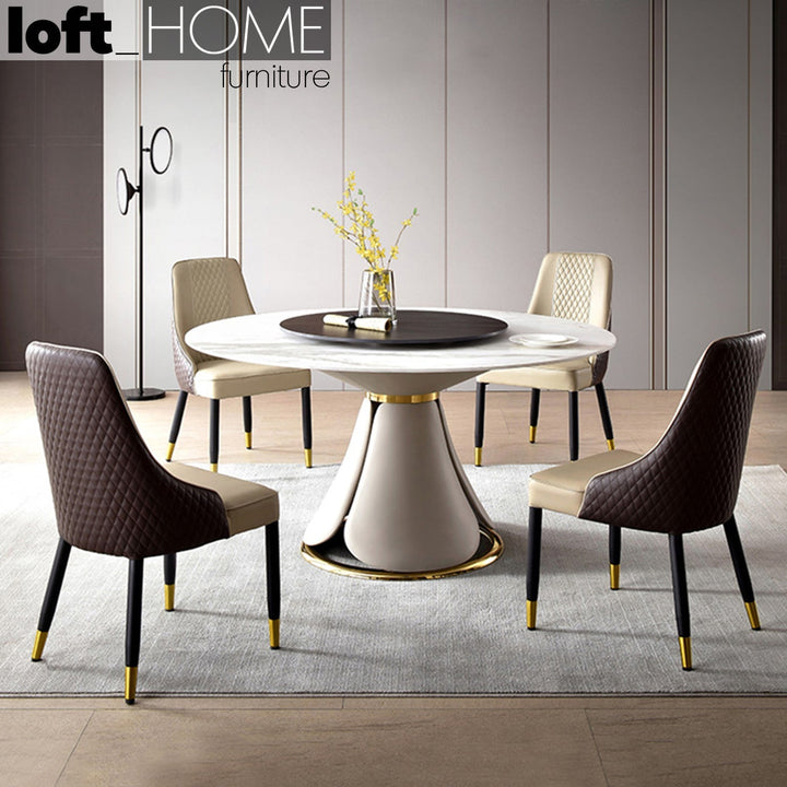 Modern sintered stone round dining table petal material variants.