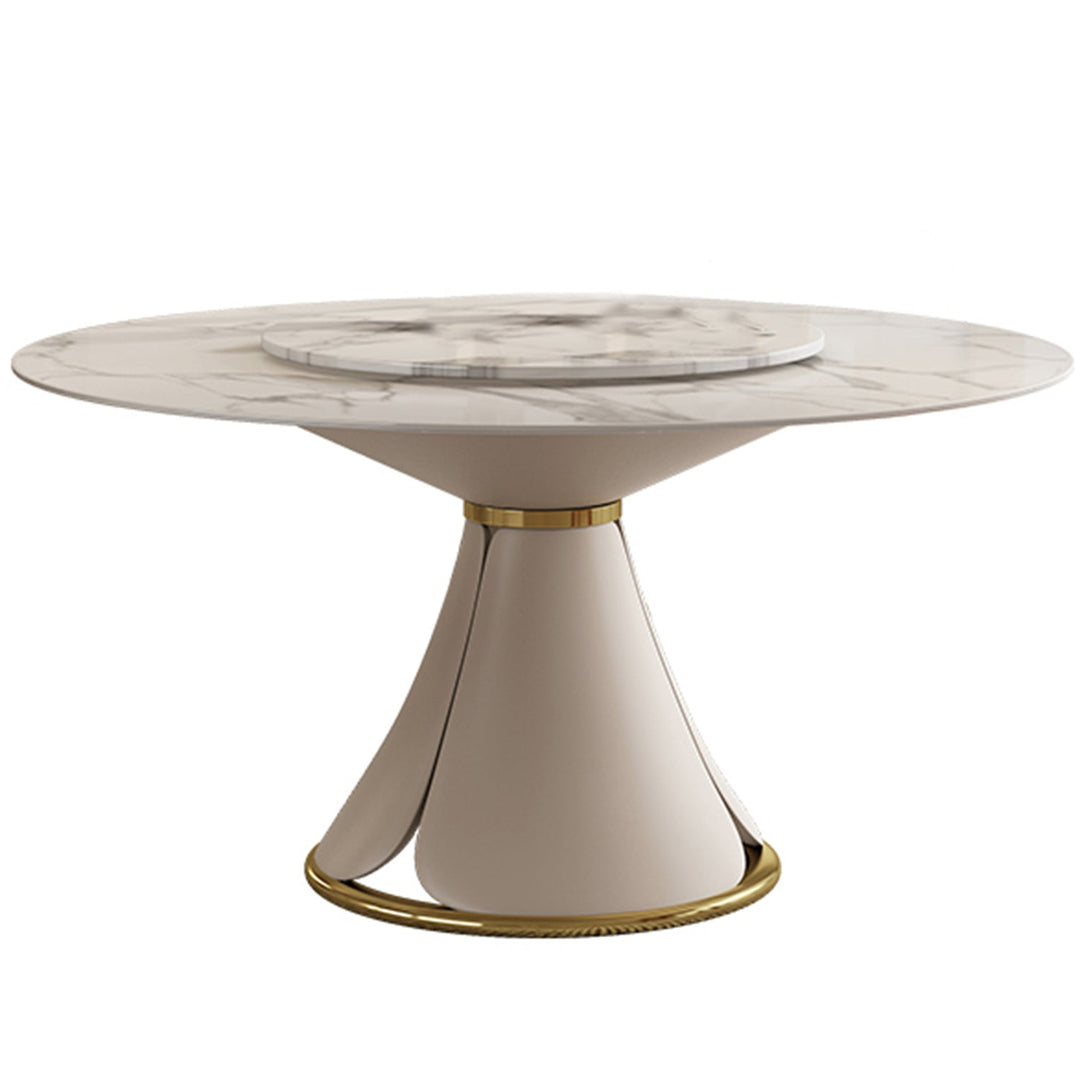 Modern sintered stone round dining table petal in white background.