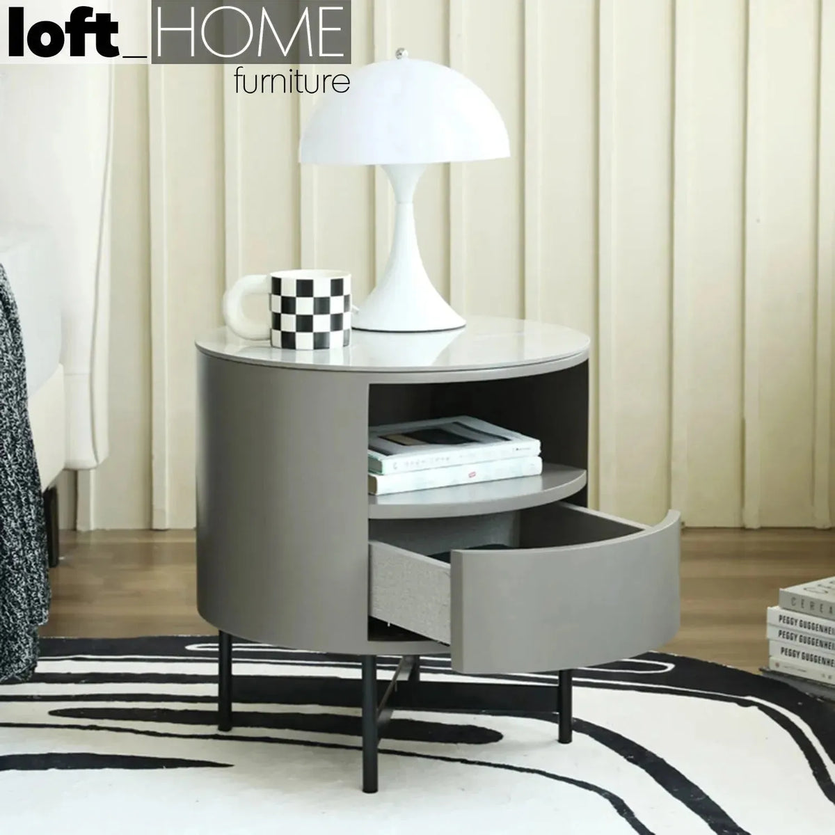 Modern sintered stone side table rosa in real life style.
