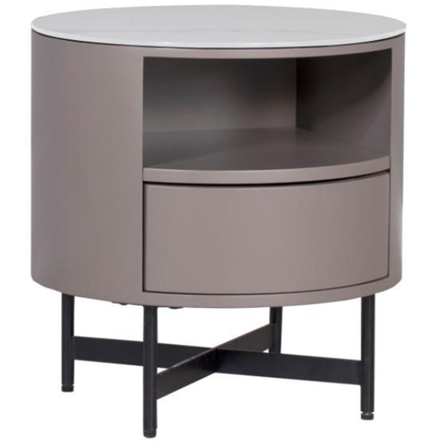 Modern sintered stone side table rosa in white background.