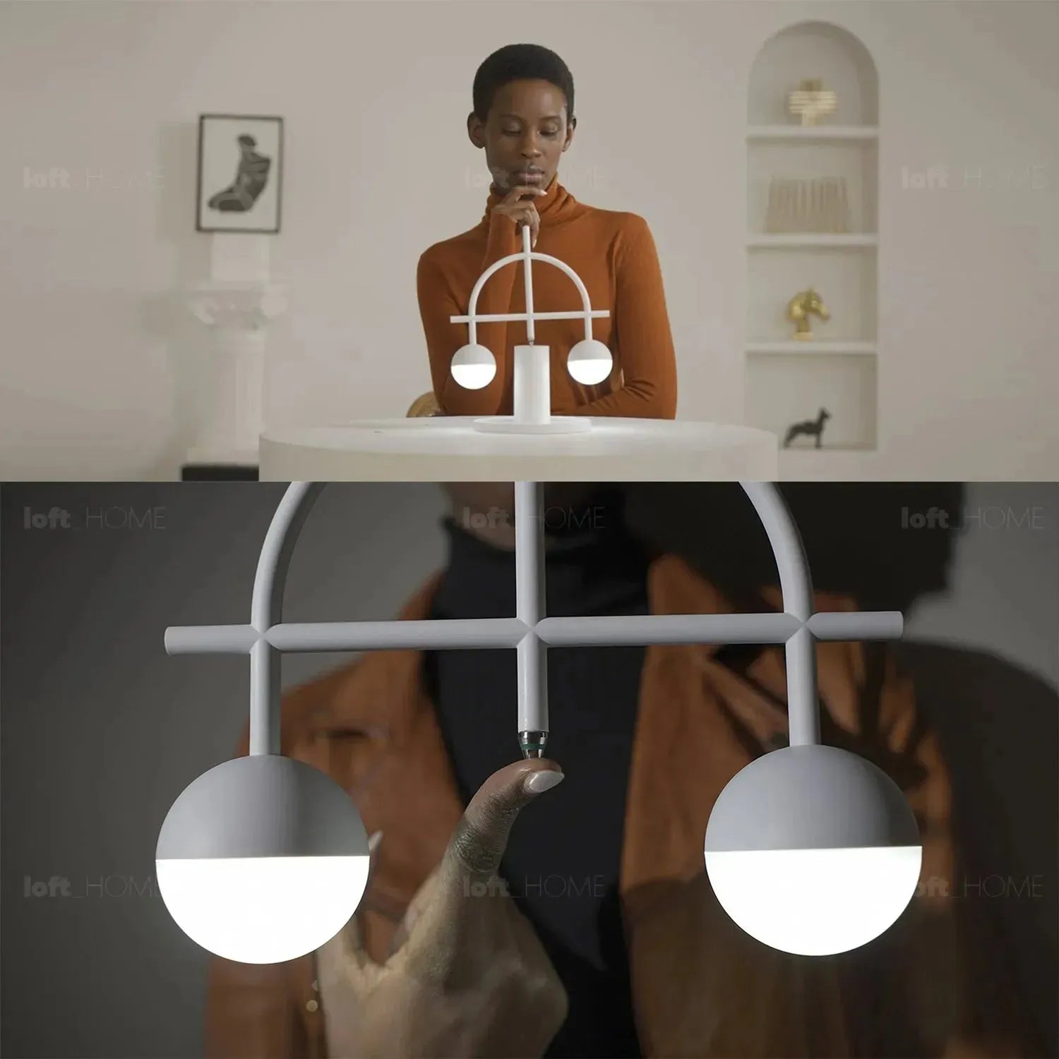 Contemporary steel charging table lamp balance in close up details.