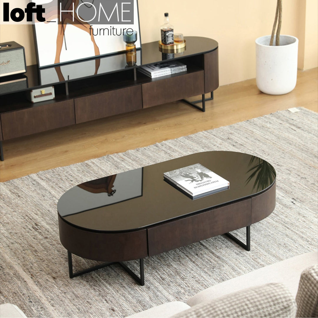 Modern tempered glass coffee table gina with context.