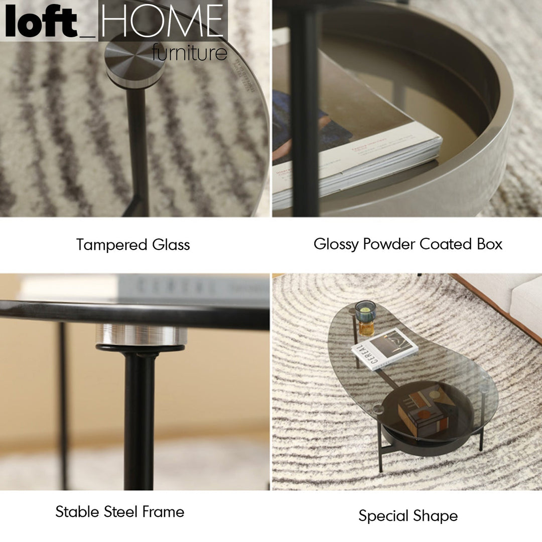 Modern tempered glass coffee table gioia with context.