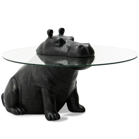 Bauhaus tempered glass coffee table hippo in white background.