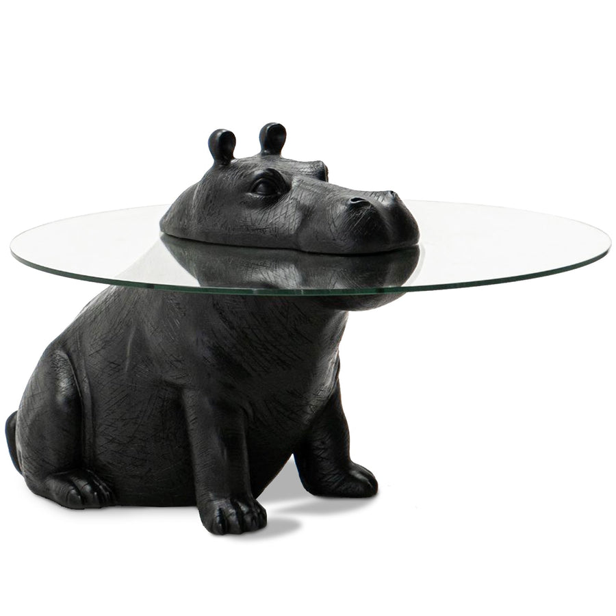 Modern tempered glass coffee table hippo in white background.