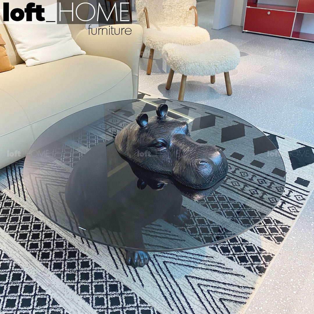 Modern tempered glass coffee table hippo in details.