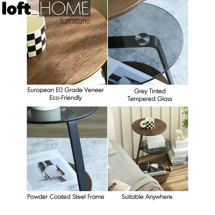 Modern tempered glass side table emma in close up details.