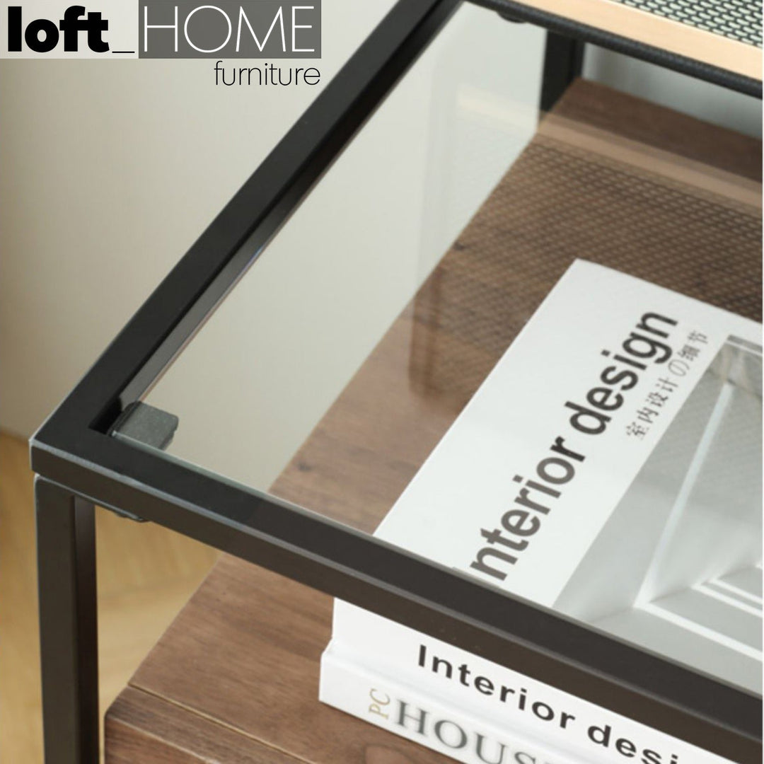 Modern tempered glass side table ivan in close up details.