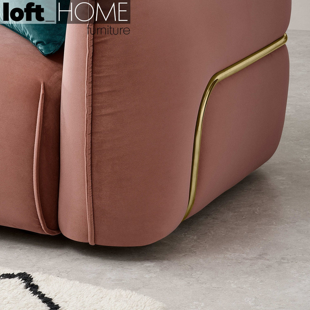 Modern velvet 3 seater sofa dion in close up details.