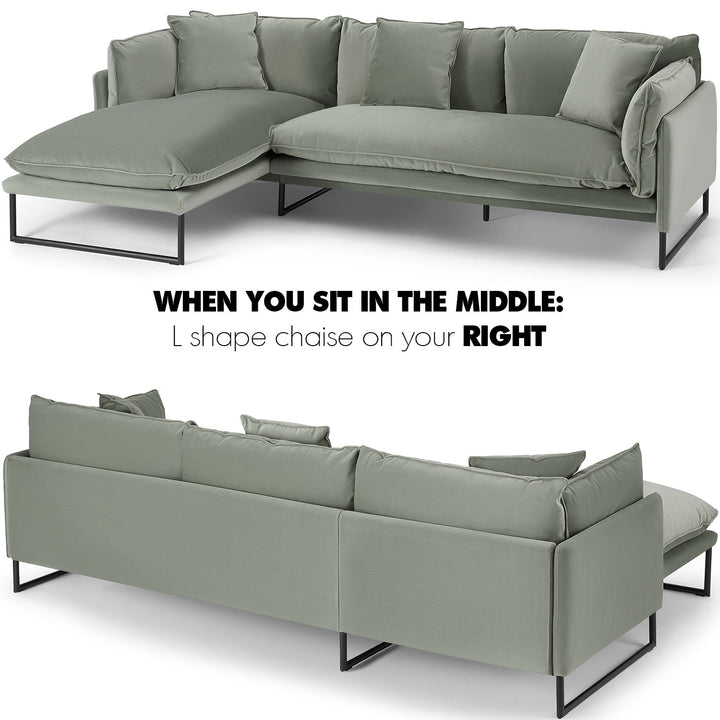 Modern velvet l shape sectional sofa malini 2+l in still life.