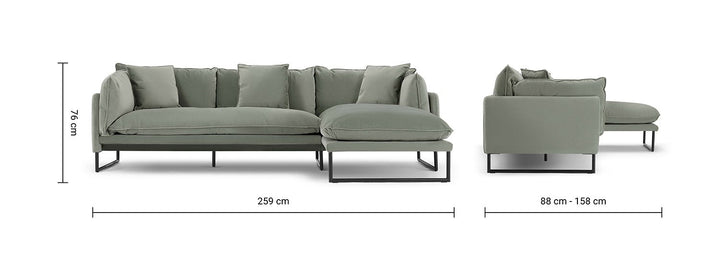 Modern velvet l shape sectional sofa malini 2+l size charts.
