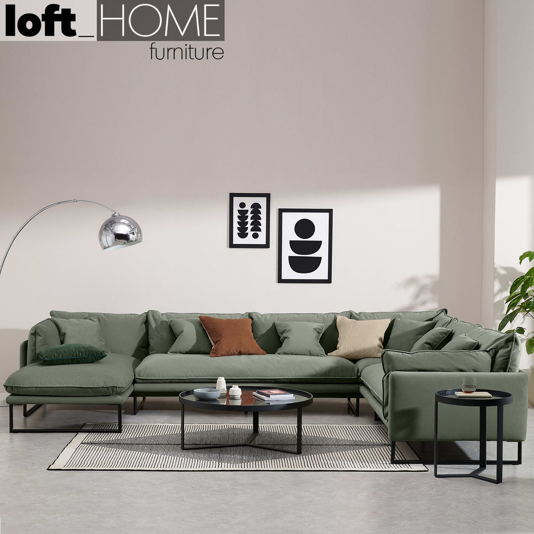 Modern velvet l shape sectional sofa malini 3+3+l in panoramic view.