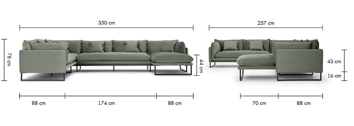 Modern velvet l shape sectional sofa malini 3+3+l size charts.