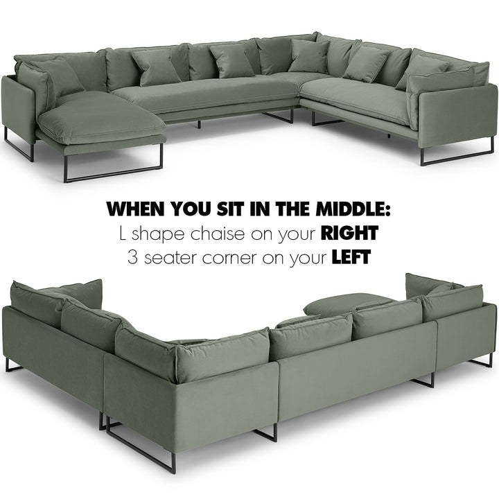 Modern velvet l shape sectional sofa malini 3+3+l in still life.