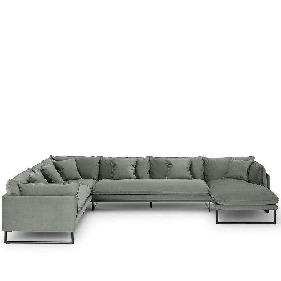Modern velvet l shape sectional sofa malini 3+3+l in white background.