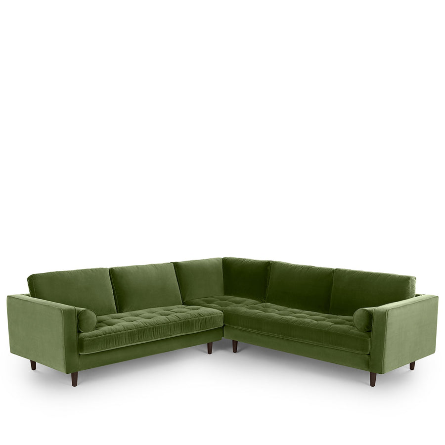 Modern velvet l shape sectional sofa scott 3+3 in white background.
